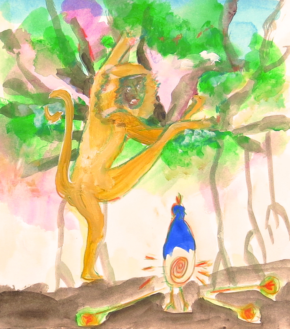 7.4.15…photo 13 of 14…joyce's painting for trees' peacock book…monkey + peacock with missing plume of feathers…enhanced…IMG_.JPG
