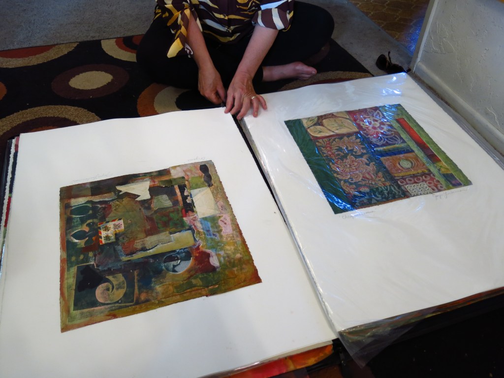 Joyce Lieberman showing her Personal Archaeology collages from her portfolio.